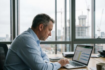 Homme en chemise bleue travaillant sur son ordinateur dans un bureau moderne