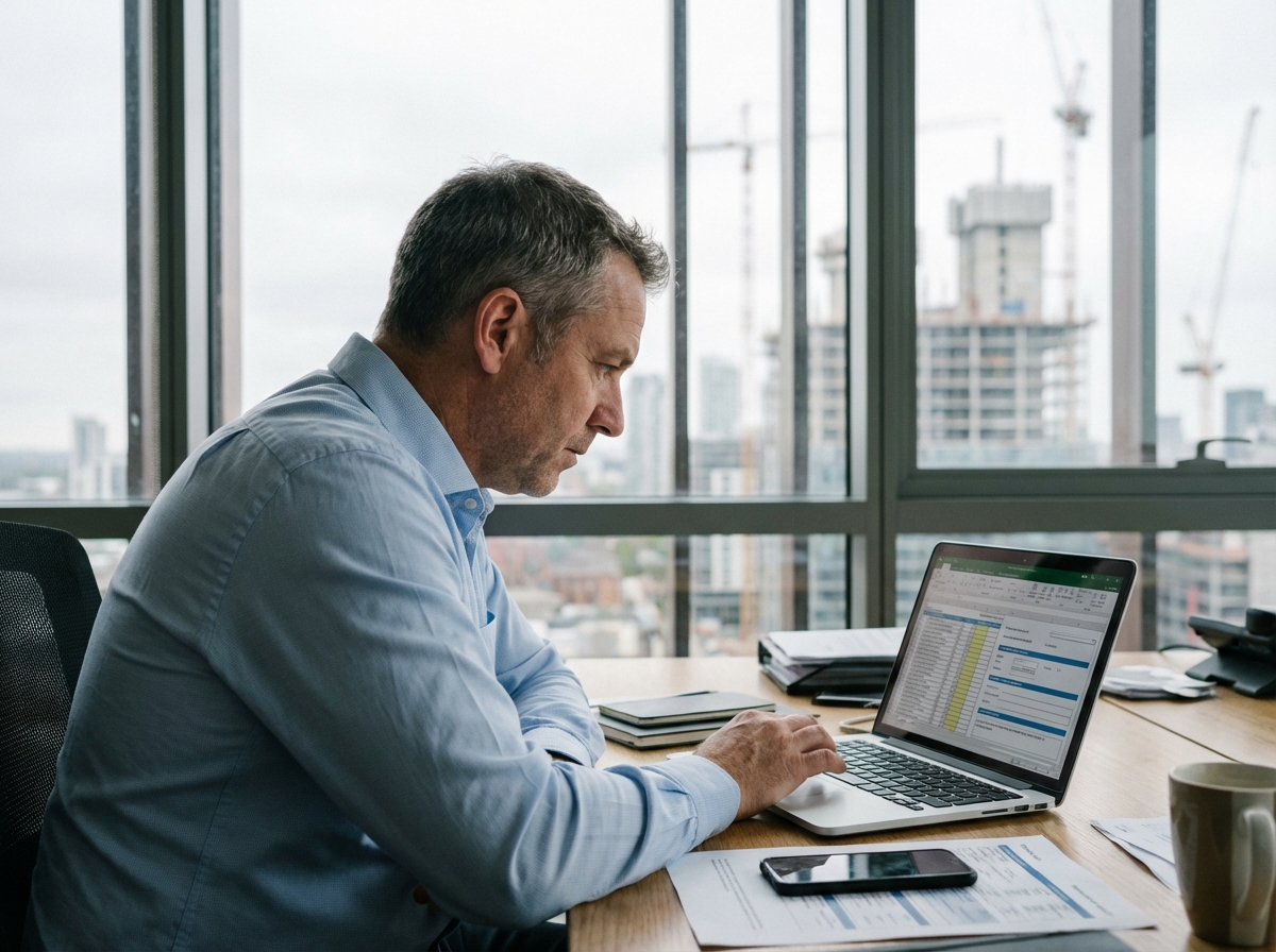 Homme en chemise bleue travaillant sur son ordinateur dans un bureau moderne
